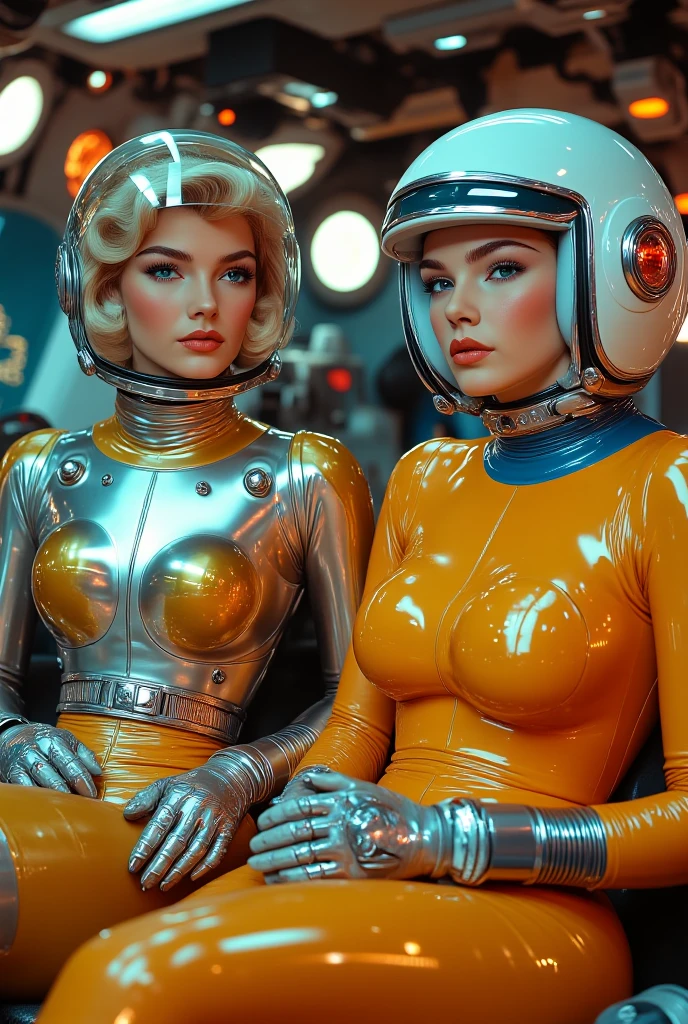 Silver lame、Leotard image、Female spaceship crew uniform、Two people、Full body image、Blonde Hair、Red Hair、Short Bob、Two peopleとも露出度高く