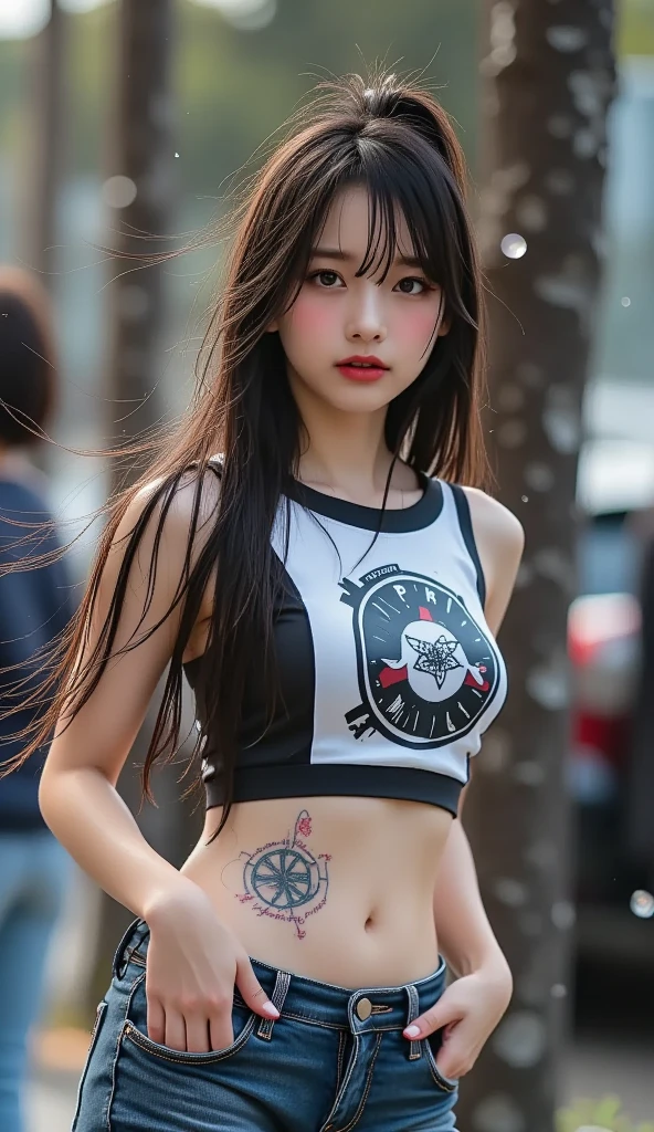 (1girl in)、Colossal tits、breastsout、sun burn、Expose muscles、Sweat muscles、Wavy black hair、Nylon T-shirt、Punk Girl、A dark-haired、cleanness