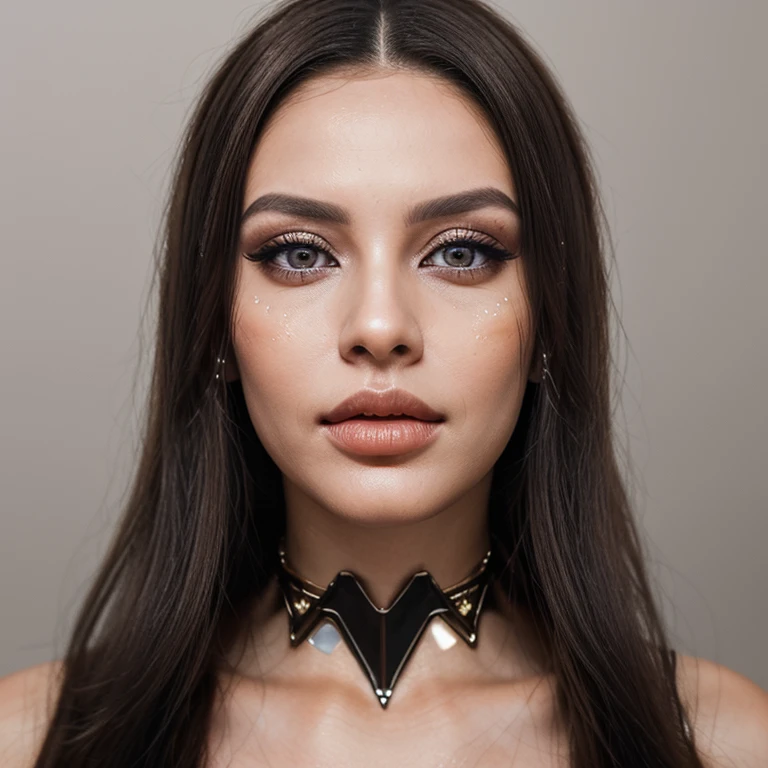 realistic portrait of an extremely beautiful Brazilian woman, smiling, wearing a tight black Scuba Crepe 3/4 Sleeve Split V-Neck Sheath Dress, wearing a choker, detailed facial features, piercing eyes, wearing a headdress, elegant long eyelashes, beautiful lips, delicate nose, intricate jewelry, dramatic lighting, highly detailed, photorealistic, 8k, cinematic composition, dramatic pose, masterpiece