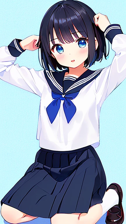 "(perfect masterpiece:1.2), (highest quality:1.2), stunning face,  compensate, long and luxurious eyelashes, lip whole, irresistible charisma.",(()),(((twin tails)))，raised his arms,NSFW,(((Chubby)))，((((school uniform)))，hair clip，wallpaper，(((black hair)))，very long bangs，hair between eyes，((Are fat))，blue skirt，have a school bag，black long socks，smile，((((tanned skin))))，blue eyes，Pants with laces