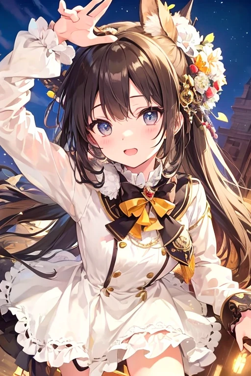 absurdres extremely detailed CG,high resolution,(best quality:1.3),(best masterpiece:1.3),super fine illustration,vibrant colors,official art,8k wallpaper,(looking away:1.3),dynamic depiction,dynamic angle,dynamic pose,depth of field,cinematic lighting,BREAK,(one beautiful girl:1.3),solo,blonde hair,very long hair,shiny hair,Silky hair,yellow eyes,deep detailed eyes,cute eyes,sparkling eyes,(seductive smile:1.3),natural make,BRAKE,((wonderland)),Gothic decoration,((sticker style)),(heart item,star item,ribbon:1.5),(symbolic:1.2), conspicuous,(star glitter and hart glitter:1.5),(kawaii town at night:1.5),(big clock tower:1.2),(Meteor shower,star and hart effect:1.3),