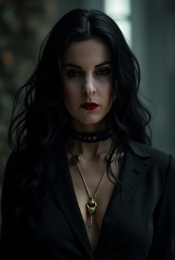 Mid-shot of a mysterious woman, shrouded in shadows, yet radiant with calculated allure. She sits confidently, her eyes gleaming like polished gemstones, as she manipulates the strings of power from behind the scenes. A dimly lit, smoke-filled room provides the backdrop for her illicit dealings. The faint scent of deceit and corruption hangs heavy in the air, as she wields her wicked charm to further her sinister agenda.