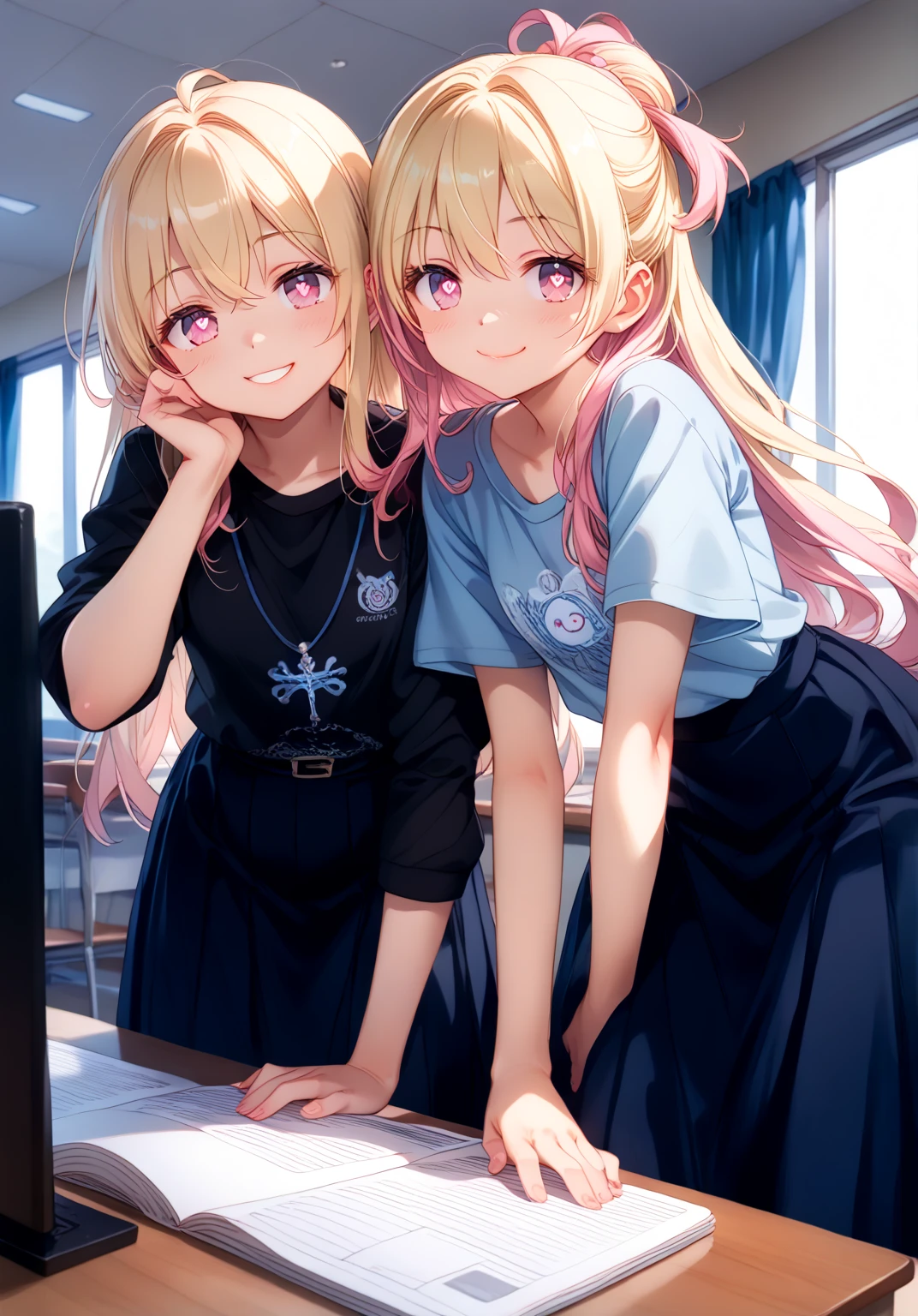 Tabletop, highest quality,figure, wallpaper, Super detailed, Absurd beauty、Dimly lit room、indirect lighting、((Two beautiful girls、、Give a hug))、(Blonde、long、Wavy Hair、Very large breasts)、Close your eyes、T-Shirts、Shorts、smile、blush、Shyness
