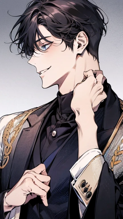 (Mastepiece)、(Best Quality)、Very detailed、((1 butler:1.5))、Perfect Face、Beautiful Face、Very detailedな顔、(Black Hair:1.3)、Black butler uniform、Glasses、(White gloves:1.3)、Smiling face
