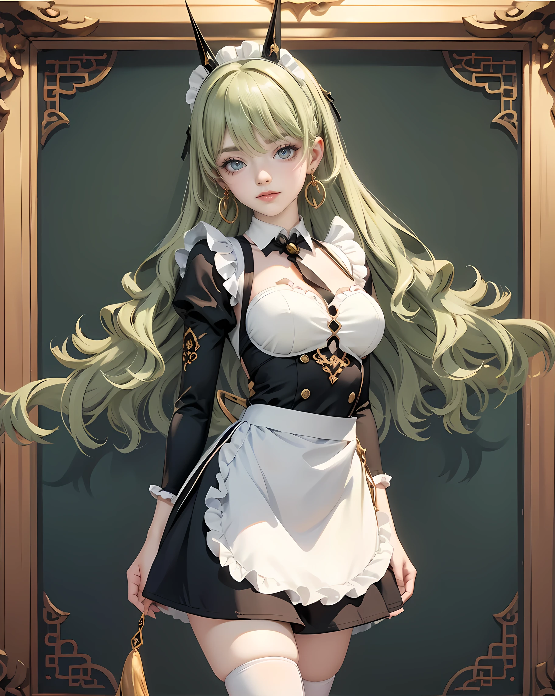 1girl, green hair, harness, white cropped and skirt, chinese maid design, solo, buns hairstyle, symmetrical gloves, high socks, flare socks, white cropped, harness, chinese maid dress, v neckline, garter on the legs, stand up, white apron, maid dress, chinese maid, chinese aesthetic, thigh gap, tassel, harness, very long hair, solid background, chinese maid uniform, full body, too many frills in her dress, magical girl, perfect anatomy, gold jewelry, harness, jewelry, Cute pose, beautiful buns hairstyle, tassel, glow eyes, long hair with buns and bangs, high thigh, frills, harness, chinese maid uniform, chinese maid dress, white apron, garter on the legs, perfect legs, gold jewelry, solid background, stand up, blushing, maid headdress, chinese maid dress with too many frills, Chinese aesthetic, white skirt, flare skirt, harness, centered girls, perfectly body, glowing hair, magical girl, more details on her clothes, golden details on her dress, tassel