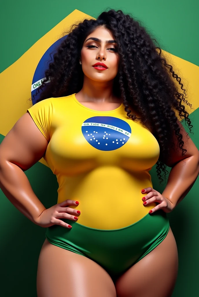 A hot brazillian woman, pretty brazillian woman, long legs, wavy messy black hair, (plump body, sagging breasts, braless), ((wearing brithish flag bikini)), brown stilettos, ((navel piercing)), pushes chest, seductive look, attractive, full body, front view, at professional photo studio, white backdrop background, dynamic light, dynamic angle, perspective, candid, curvy body, plump body, huge big ass, thick body, curvy body type, voluptuous body type, busty body type, thick body type, big chest, big