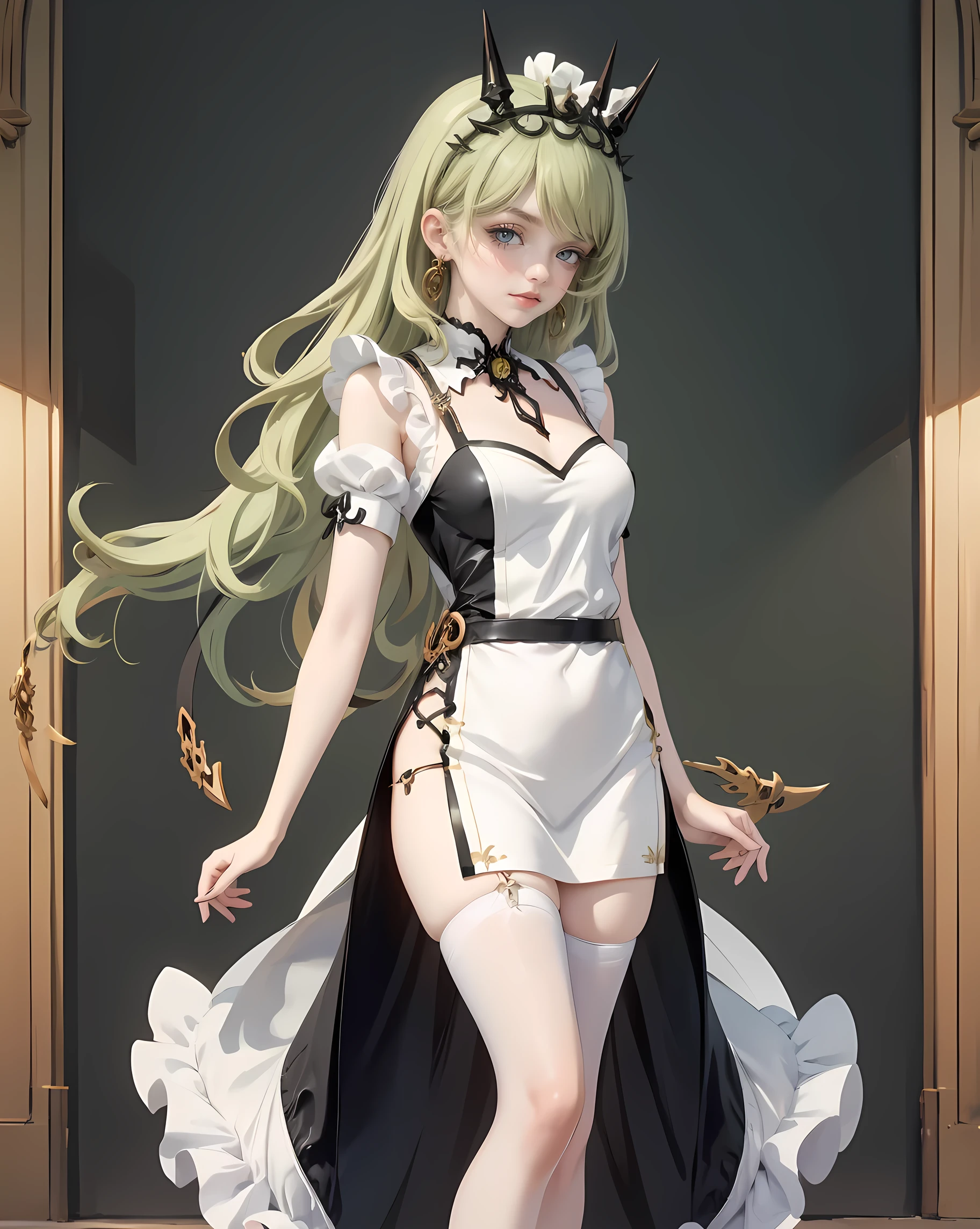 1girl, green hair, harness, white cropped and skirt, chinese maid design, solo, buns hairstyle, symmetrical gloves, high socks, flare socks, white cropped, harness, chinese maid dress, v neckline, garter on the legs, stand up, white apron, maid dress, chinese maid, chinese aesthetic, thigh gap, tassel, harness, very long hair, solid background, chinese maid uniform, full body, too many frills in her dress, magical girl, perfect anatomy, gold jewelry, harness, jewelry, Cute pose, beautiful buns hairstyle, tassel, glow eyes, long hair with buns and bangs, high thigh, frills, harness, chinese maid uniform, chinese maid dress, white apron, garter on the legs, perfect legs, gold jewelry, solid background, stand up, blushing, maid headdress, chinese maid dress with too many frills, Chinese aesthetic, white skirt, flare skirt, harness, centered girls, perfectly body, glowing hair, magical girl, more details on her clothes, golden details on her dress, tassel