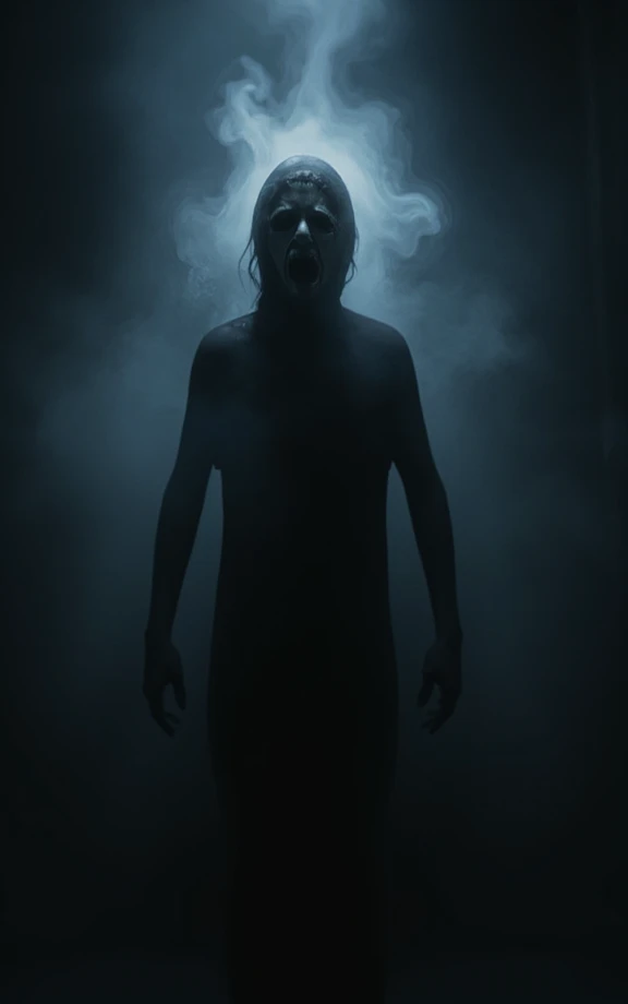A figure, barely visible in a dimly lit room, with skin so pale it’s almost glowing. Their expression is one of shock and terror, as if they’re staring into the face of death itself. The background is a mix of shadows and faint light, creating an ominous, mysterious atmosphere that sends chills down the spine. High Resolution, Realism