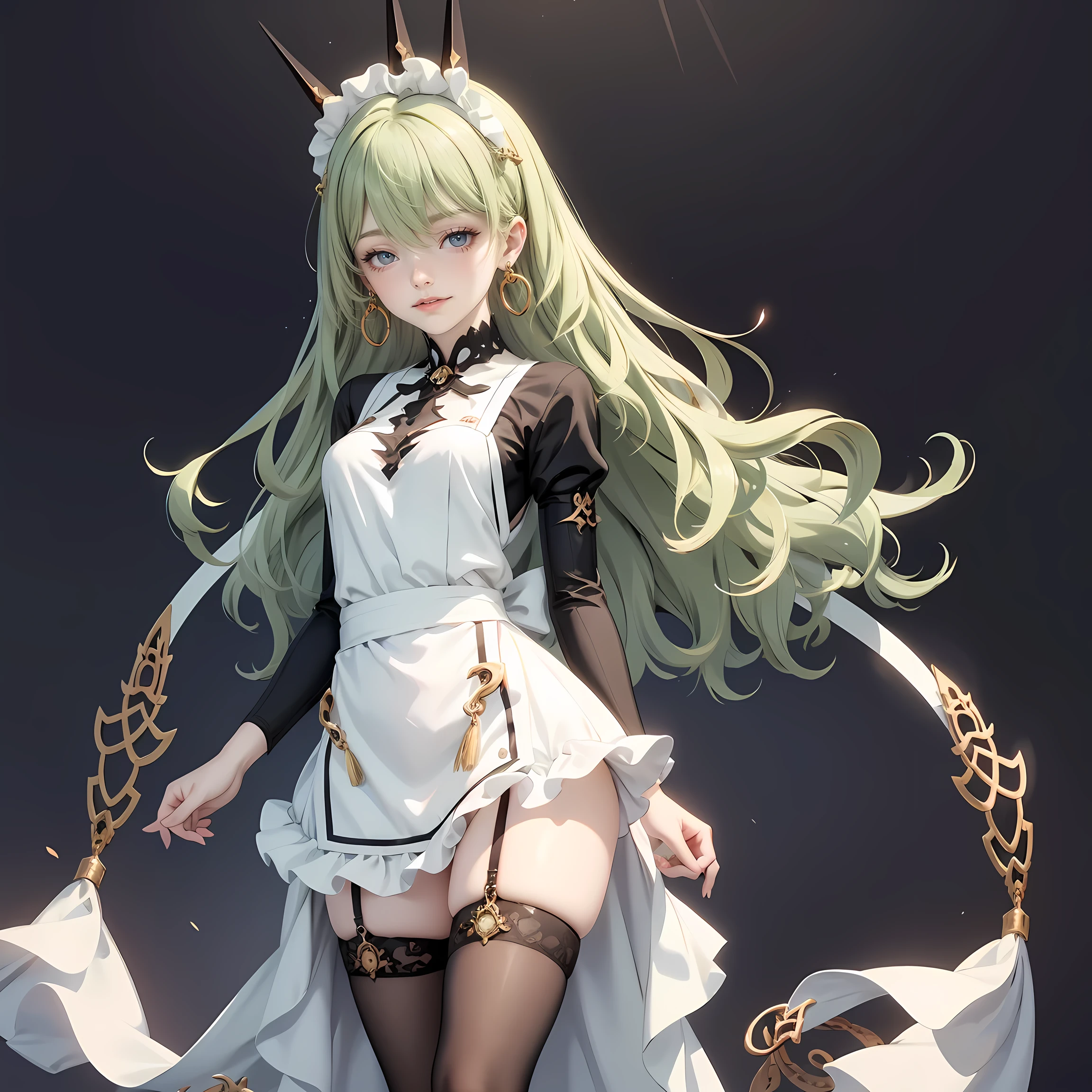 1girl, green hair, harness, white cropped and skirt, chinese maid design, solo, buns hairstyle, symmetrical gloves, high socks, flare socks, white cropped, harness, chinese maid dress, v neckline, garter on the legs, stand up, white apron, maid dress, chinese maid, chinese aesthetic, thigh gap, tassel, harness, very long hair, solid background, chinese maid uniform, full body, too many frills in her dress, magical girl, perfect anatomy, gold jewelry, harness, jewelry, Cute pose, beautiful buns hairstyle, tassel, glow eyes, long hair with buns and bangs, high thigh, frills, harness, chinese maid uniform, chinese maid dress, white apron, garter on the legs, perfect legs, gold jewelry, solid background, stand up, blushing, maid headdress, chinese maid dress with too many frills, Chinese aesthetic, white skirt, flare skirt, harness, centered girls, perfectly body, glowing hair, magical girl, more details on her clothes, golden details on her dress, tassel