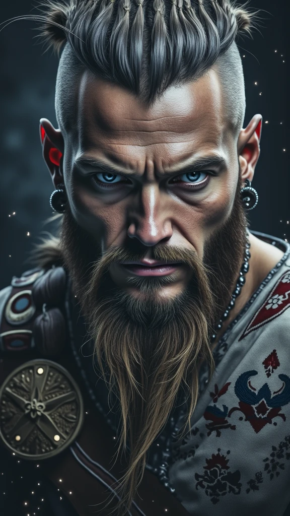 Design a photorealistic image of the Viking Ragnar Lothbrok using purple and black ice cream, in the background the universe of colors, and that at the bottom it shows the name "lover"