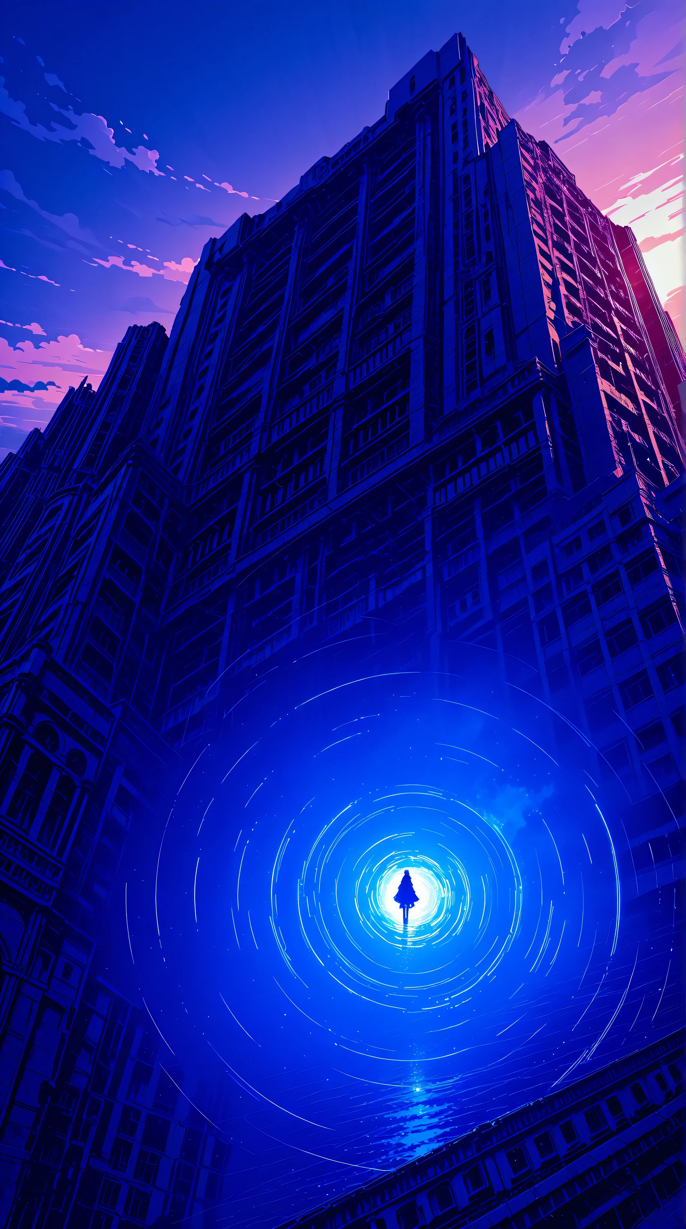 a futuristic landscape in the illustrative style of french illustrator Moebius, (blues, yellows), brutalist architecture, brutalism, water. reflections, retrofuturistic, french retro, cloudy sky,