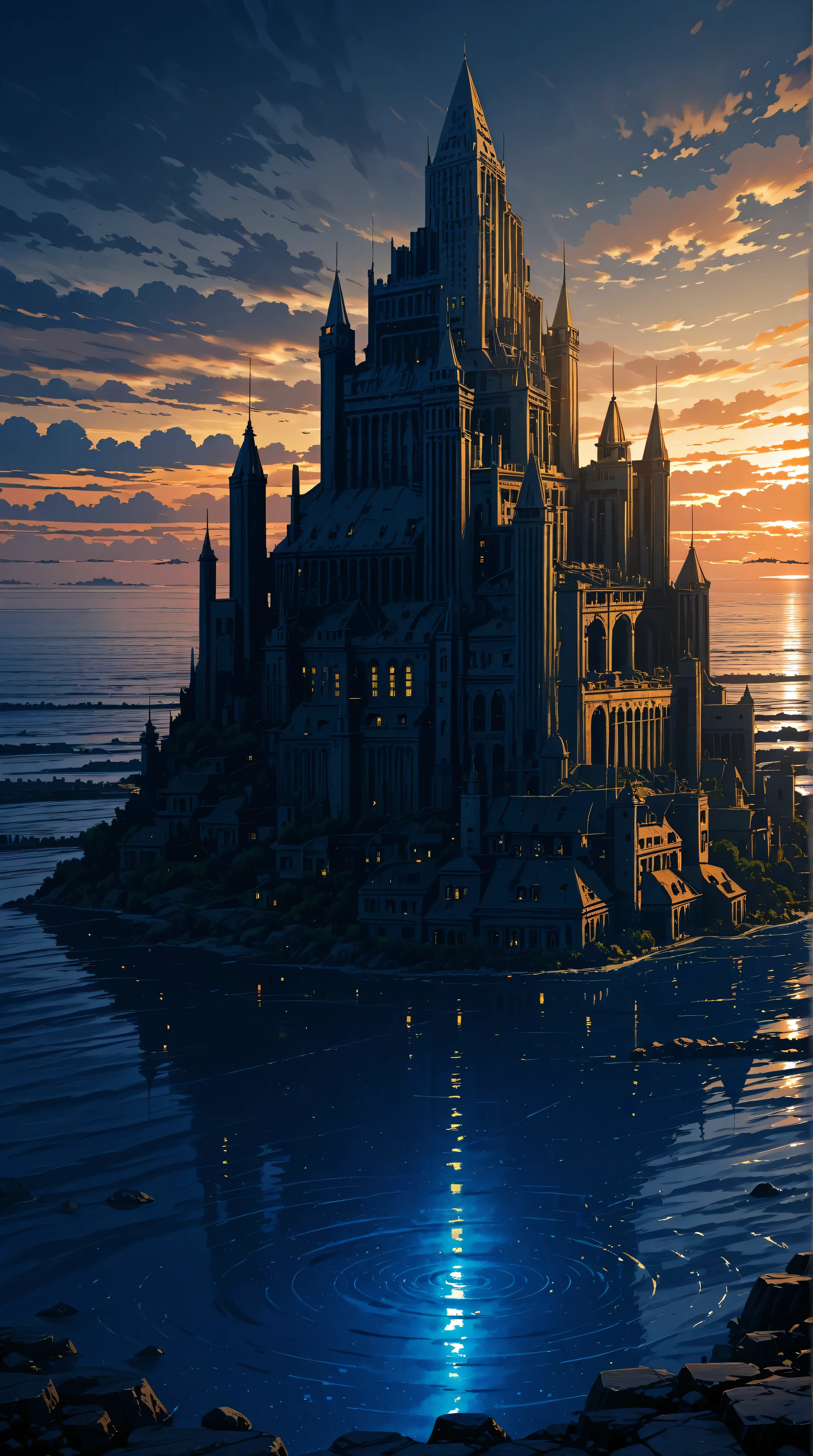 a futuristic landscape in the illustrative style of french illustrator Moebius, (blues, yellows), brutalist architecture, brutalism, water. reflections, retrofuturistic, french retro, cloudy sky,