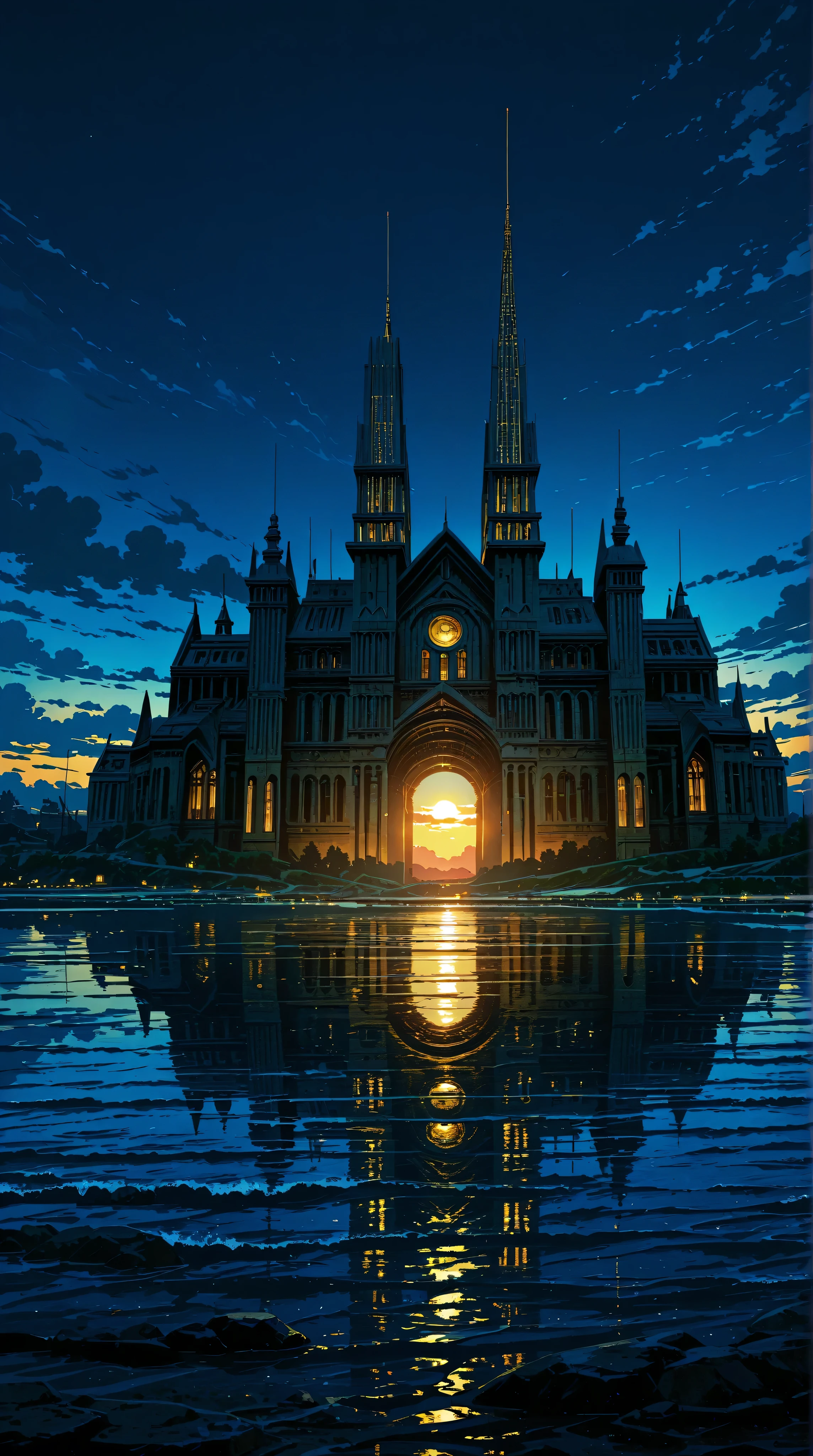 a futuristic landscape in the illustrative style of french illustrator Moebius, (blues, yellows), brutalist architecture, brutalism, water. reflections, retrofuturistic, french retro, cloudy sky,