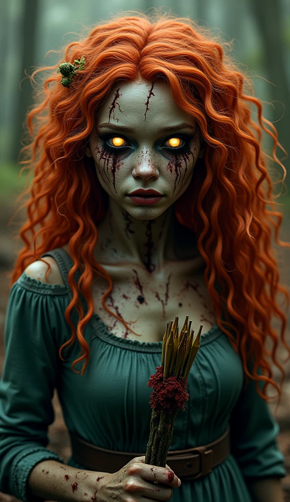 a woman with red hair and green skin, beautiful detailed eyes, beautiful detailed lips, extremely detailed face, poison ivy, animated plant thorn beasts, animated plant vine beasts, animated plant flower beasts, a swamp, a horde of zombie rotten people, a moonlit swamp, (best quality,4k,8k,highres,masterpiece:1.2),ultra-detailed,(realistic,photorealistic,photo-realistic:1.37),horror,fantasy,dark,dramatic lighting,moody lighting,vivid colors
