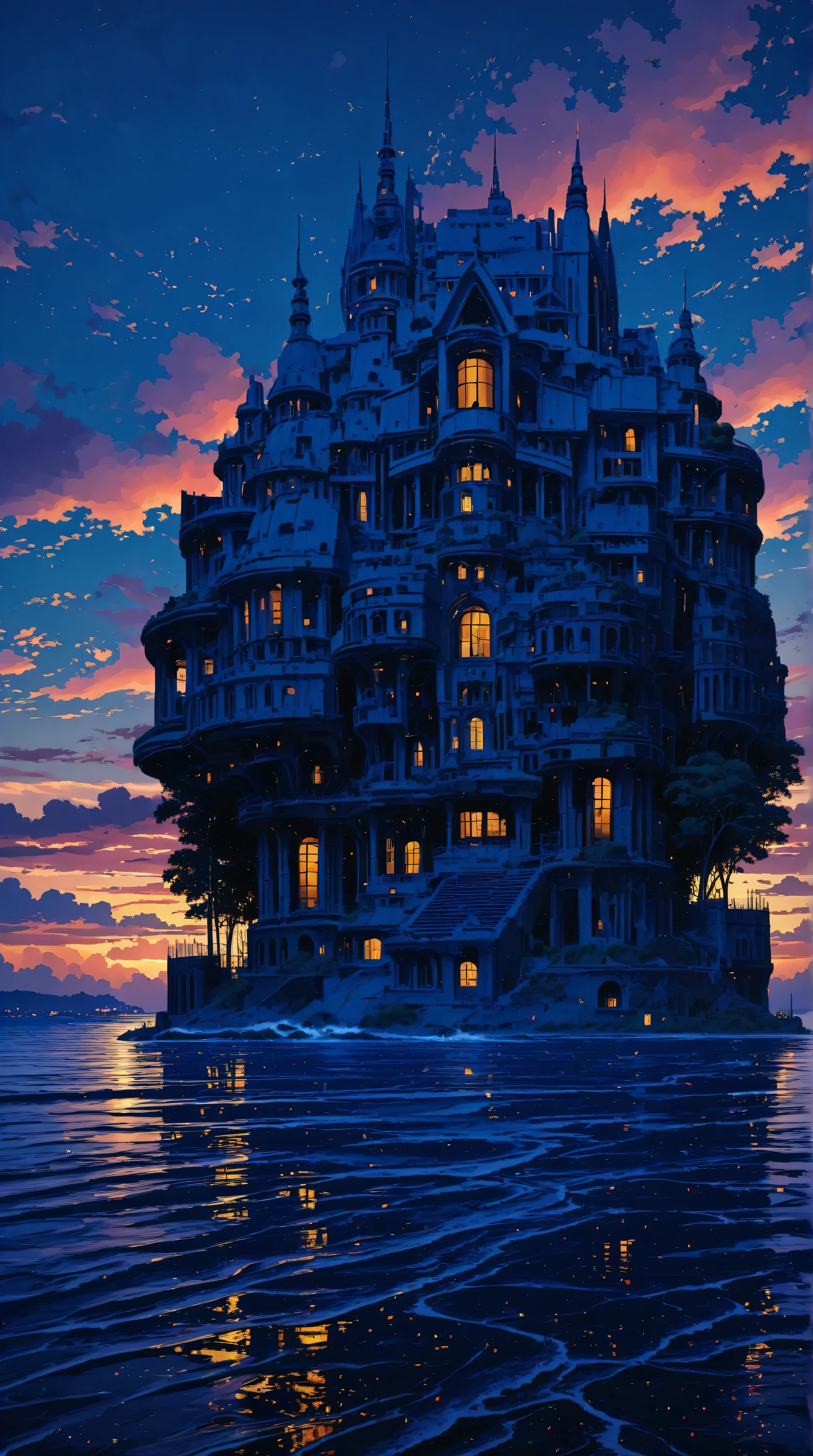 a futuristic landscape in the illustrative style of french illustrator Moebius, (blues, yellows), brutalist architecture, brutalism, water. reflections, retrofuturistic, french retro, cloudy sky,
