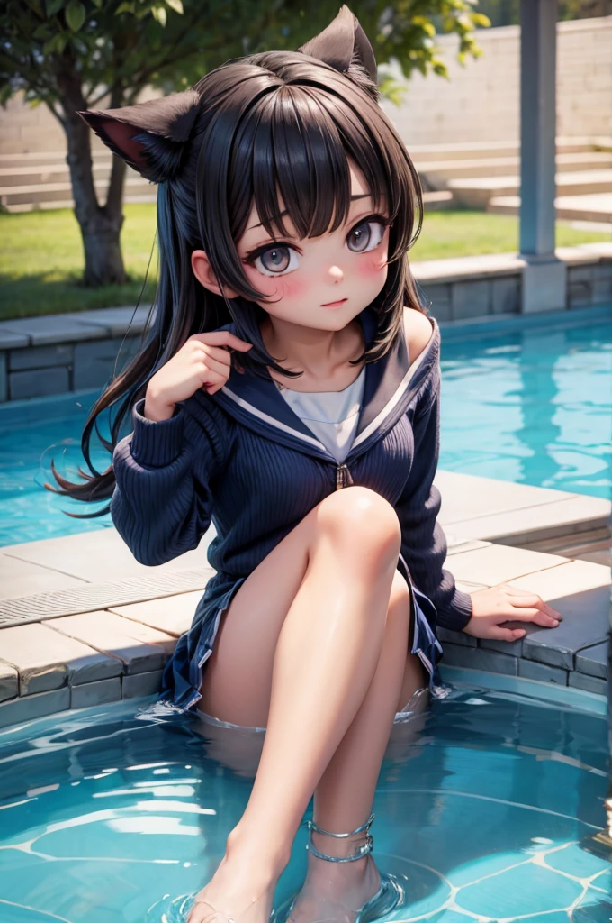 Swimwear、Girl、Girl、Primary school students、Black Hair,、whole body、Sitting with legs crossed

