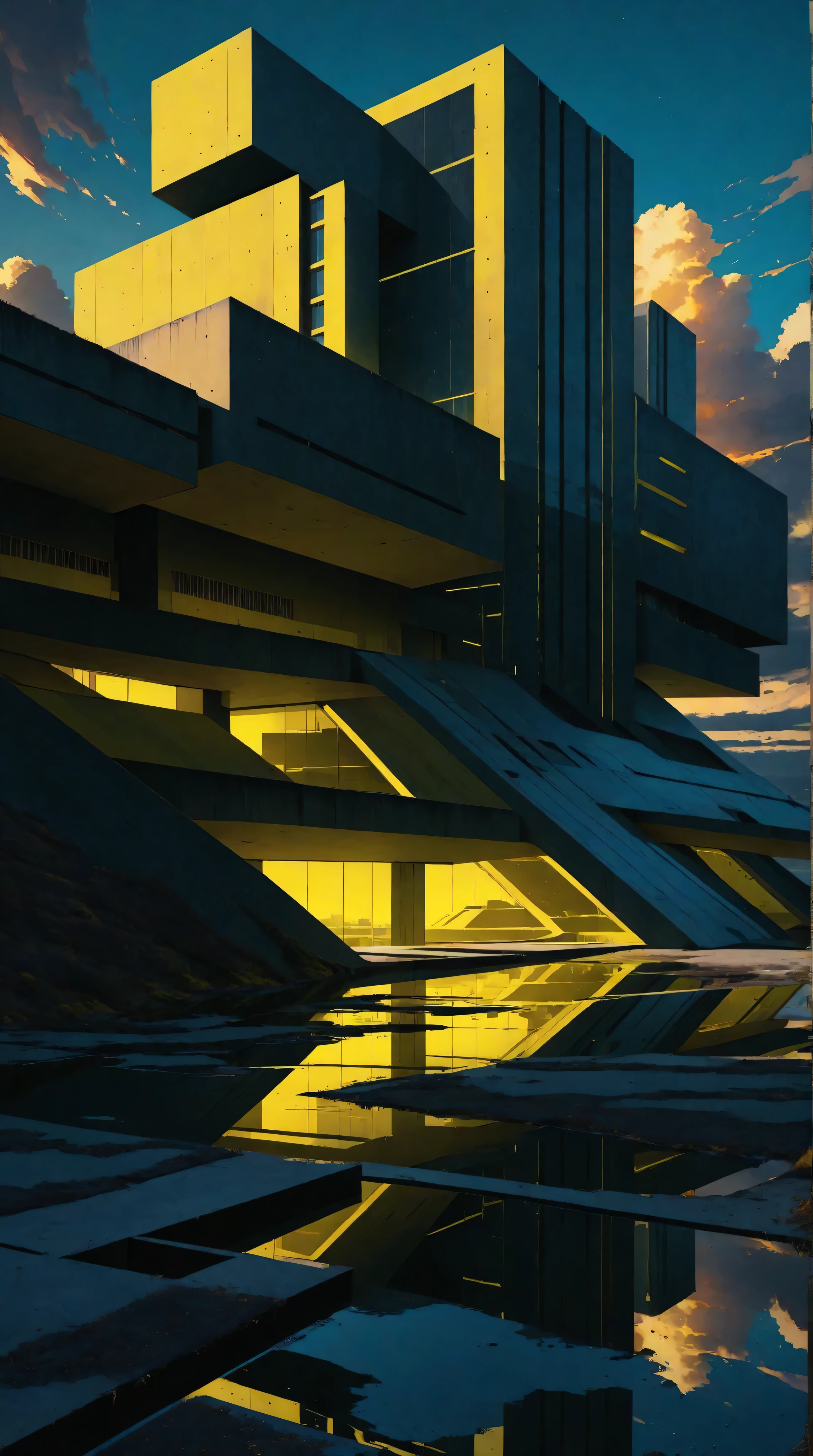 a futuristic landscape in the illustrative style of french illustrator Moebius, (blues, yellows), brutalist architecture, brutalism, water. reflections, retrofuturistic, french retro, cloudy sky,