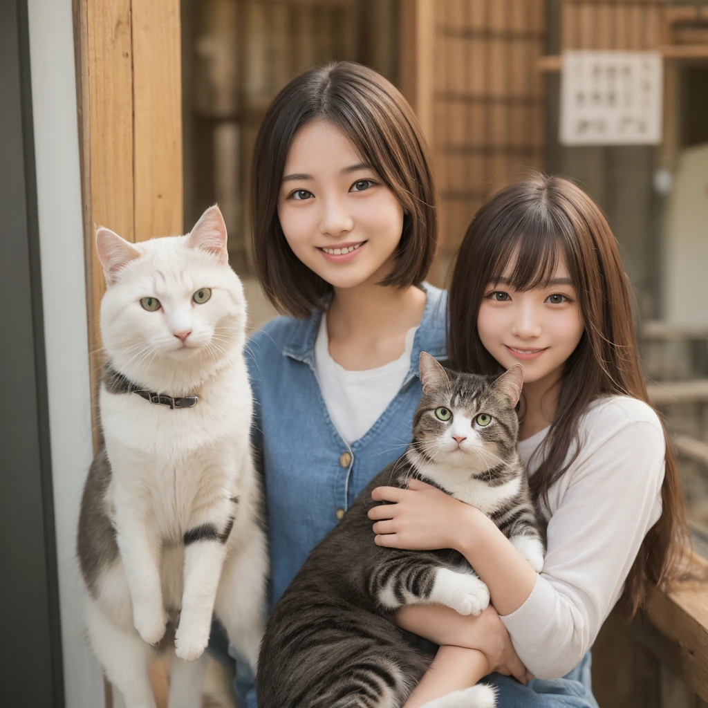16k、high-detail、17Year old girl、Sitting on the floor、Playing with cats、Play with a smile、one girls、