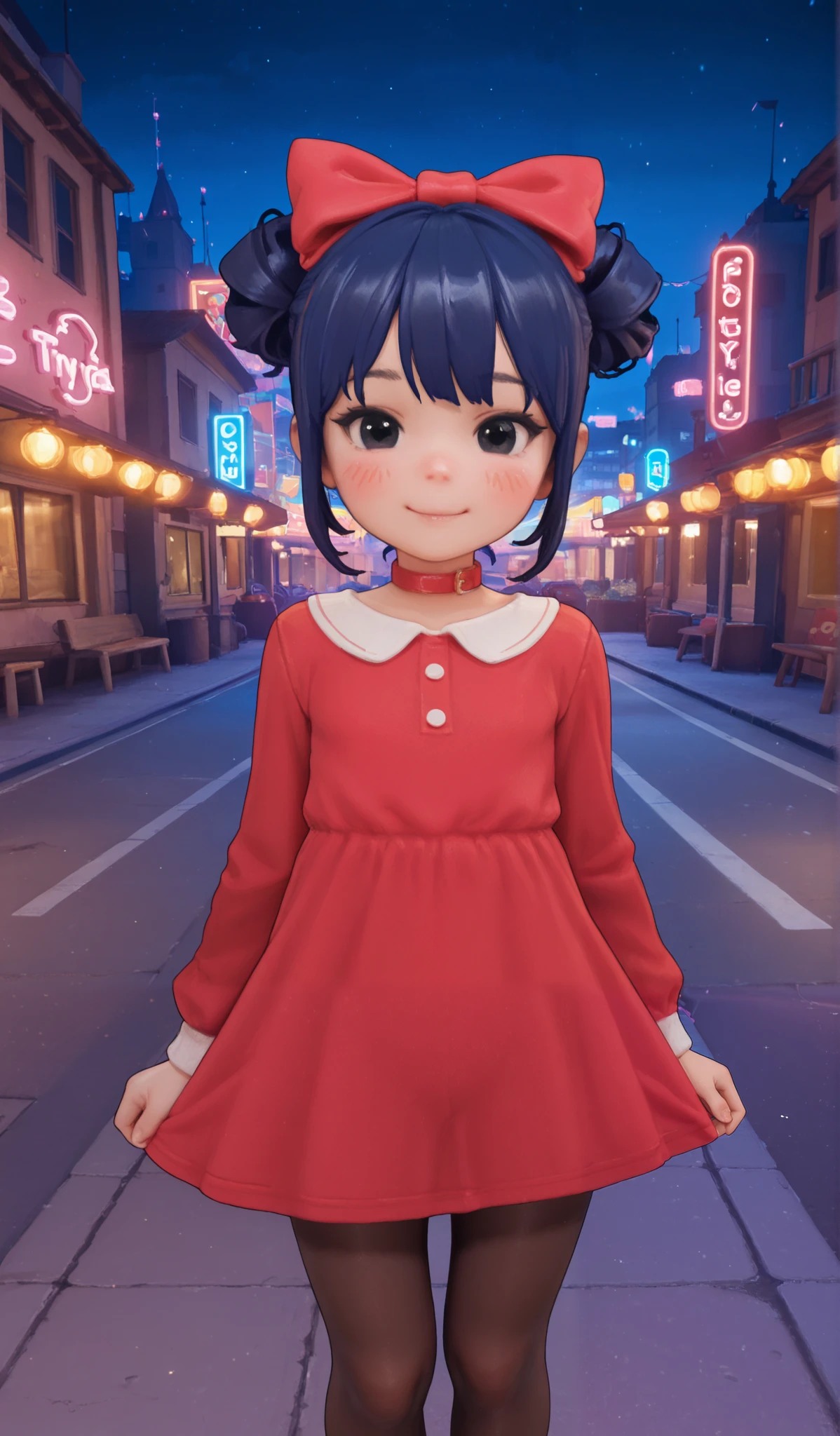 (TinyMita), (dark blue hair, cute hairstyle), small, short, (), cute smile, blush, (black eyes), cute hairstyle, masterpiece, TinyMita, 1 girl, face, (black eyes), hair bow, red dress, tights, masterpiece, 8k, high resolution, city at night, neon colorful lighting, visão de baixo , Opossumachine, diathorn, kittew