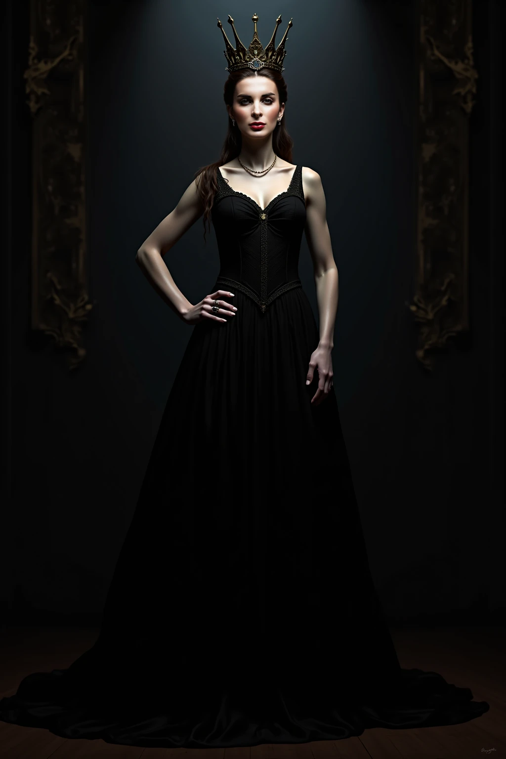 A full-body portrait of Lady Althea Voss, one of Lady Seraphina d’Aurelis' trusted ladies-in-waiting. Althea is depicted in a dark, elegant gown that reflects her sophisticated and cunning nature. She stands with a graceful yet commanding presence, her pale skin contrasting with her jet-black hair styled in an elaborate updo. Her ice-blue eyes are sharp and observant, giving her a calculating and intelligent expression. The background is subtle and dark, emphasizing her role as a manipulator in court intrigues. The art style is realistic, capturing the intricate details of her gown and her poised demeanor.