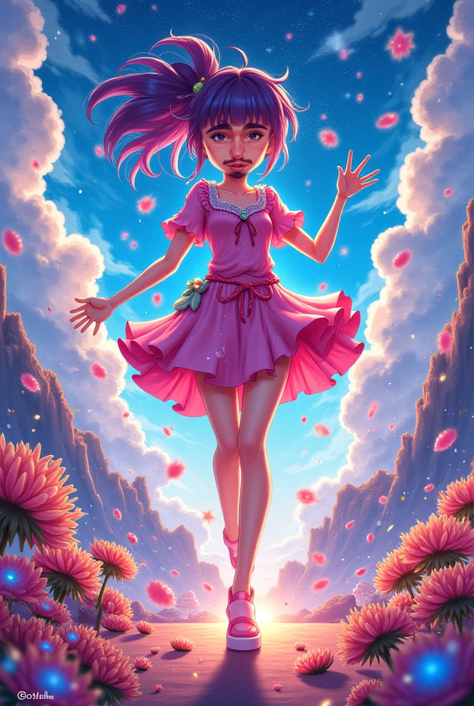 skirtlift, (masterpiece, best quality:1.4), detailed background, sharp focus, professional lighting, dynamic angle, lens flare, 1girl, medium hair, multicolored hair, red summer dress, (red dress), sky, butterflies, grin