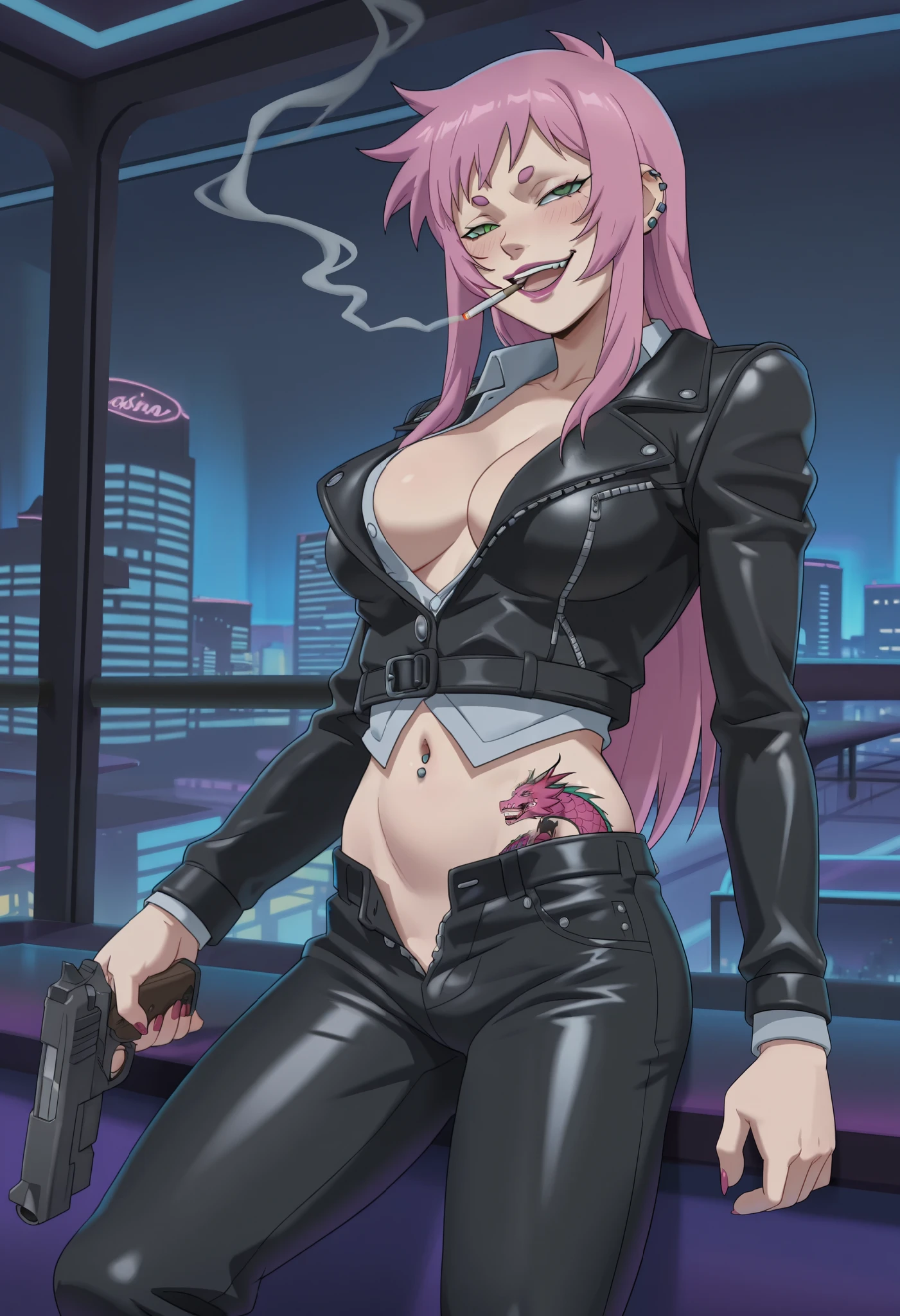 score_9, score_8_up, score_7_up, score_6_up, score_5_up, source_anime, kagami hirokata, uncensored, BREAK
Koukawa is sitting on one knee, dagger, holding dagger, planted dagger,
1girl, solo, mature female, cowboy shot, full body,
looking at viewer, smile,
purple hair, long hair, purple eyes,
black bodysuit, gold trim, fishnets, armored boots, elbow fingerless gloves, bare shoulders,
curvy, large breasts, cleavage,
on rooftop, night, sky, neon cityscape background,