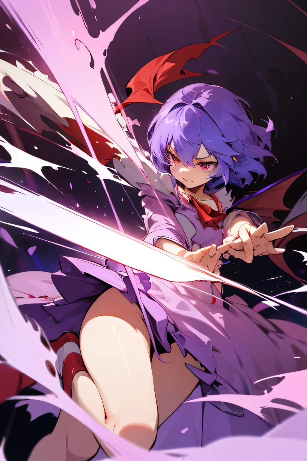 clear line illustration:1.5, best quality、remilia scarlet(purple hair)short、lewd clothes、dynamic pose, torn cloth:1.4, Blood dress magical girl,