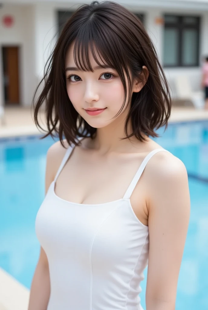 ((スポーツSwimwear:1.3)), Swimwear,A close-up, photorealistic portrait of a young Asian woman with smooth skin, large eyes, and a gentle smile. She is standing in front of a blurred background of hydrangea flowers. High detail, 8k resolution, ultra-detailed, masterpiece. ((Upward glance)), ((angle From above: 1. 3)), From above, Looking into the camera,