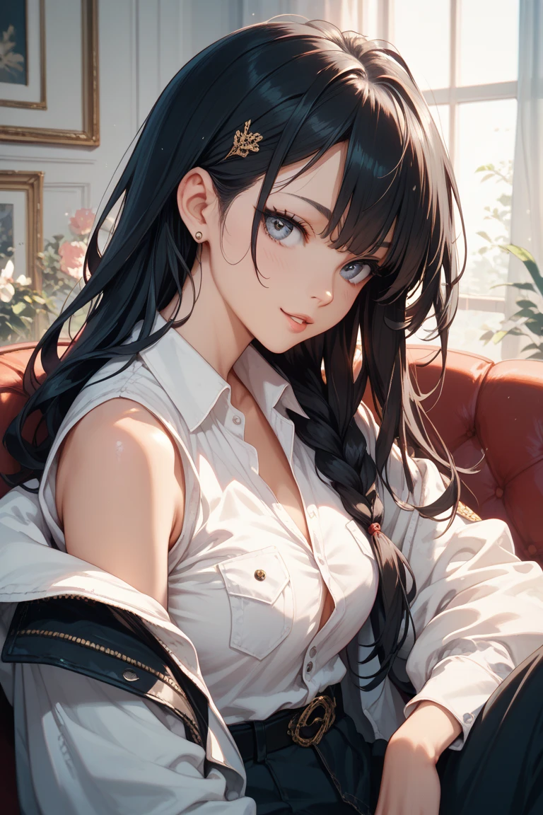 (masterpiece, best quality, detailed illustration, high resolution), ((1girl, solo)), ((huge breasts, large breasts, slim waist, long legs, fit body, toned body)), ((black hair)), ((secretary, black skirt, white shirt)), ((full body, closeup view)), ((standing)), ((looking at the viewer, facing the viewer)), office setting, ((fair skin)), oiled skin, ((large breasts, mature woman, mature female, mature lady)), (detailed eyes), ((standing)), (slicked ponytail)