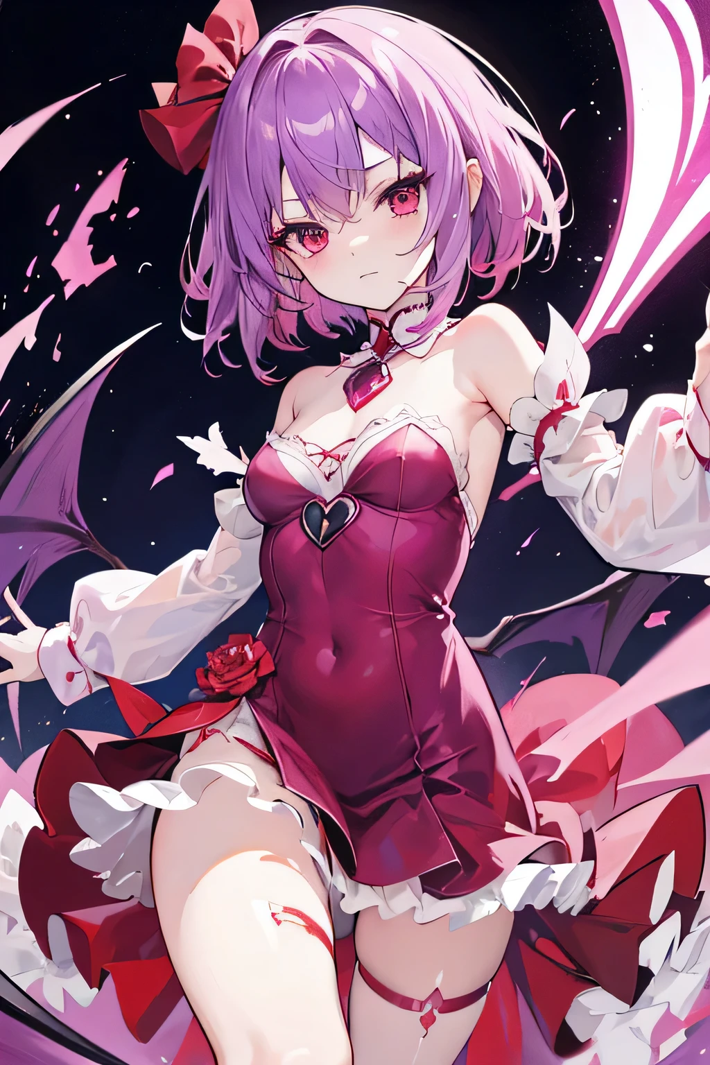clear line illustration:1.5, best quality、remilia scarlet(purple hair)short、erotic clothes、dynamic pose, torn cloth:1.4, Blood dress magical girl,