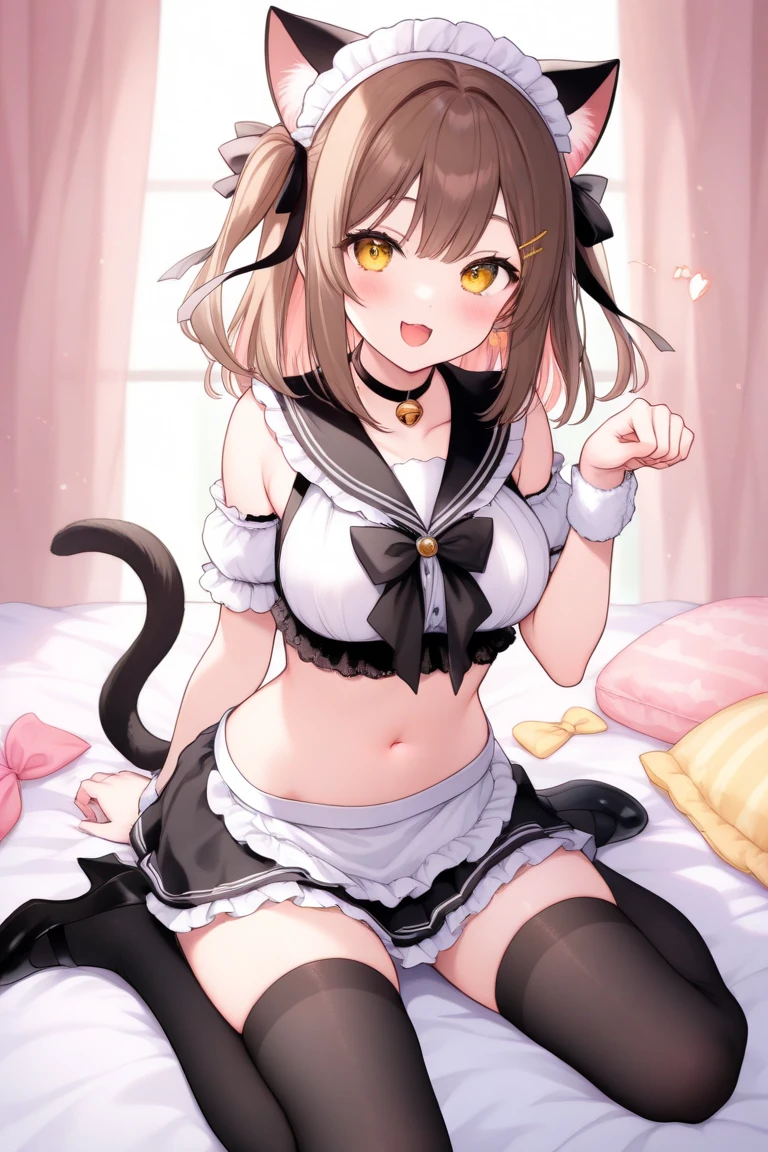 little anime girl with cat ears and tail in a maid costume shows a bikini to herself, harem with girls catgirls