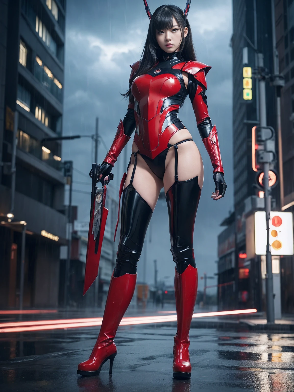 (masterpiece, best quality, ultra detailed, absurdres)1.5, 1girl, (sexy, beautiful woman, perfect face, perfect eyes, perfect female body, huge breasts)1.5, (oboro, mature female, short hair, purple hair, bangs, eyeshadow, low ponytail, lipstick, makeup, mainsuit, fishnets, center opening, thigh boots, clawed gauntlets, claws, gloves, <lora:Oboro2in1:0.8>), (standing, rooftop, science fiction, Japanese city in background, night sky, moonlit), perfect lighting, smooth, hdr