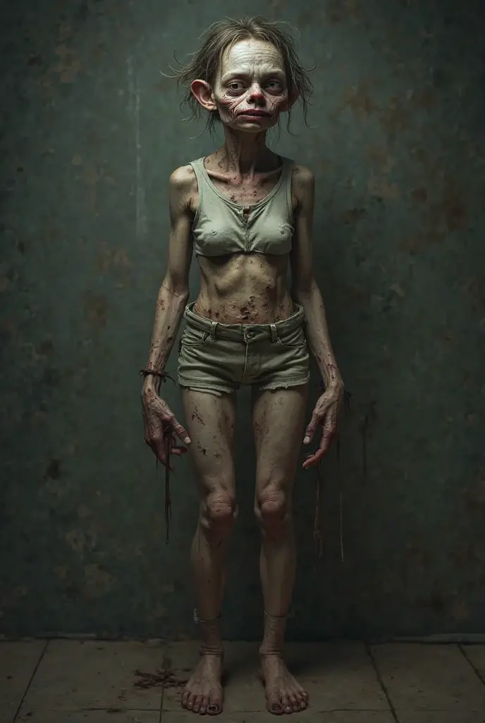 The picture shows one wearing very used soiled post-apocalyptic destroyed leaky pink panties and a bra anorexic black woman with a zombie-like appearance, Under heavy drugs, Serious mental illness written on her face, Skinny body, prominent veins on her neck legs and hands, Sad, Sprayed with man's sperm on body Less than four percent subcutaneous fat, Post-apocalyptic world,, Only one woman in the picture, Ugly environment, Ugly scenery, Abandoned well-equipped operating theater circa 1920, Ruined room, Woman looking at camera, Woman in center of picture, Realistic, Spread legs, Extra thin legs, bare feet