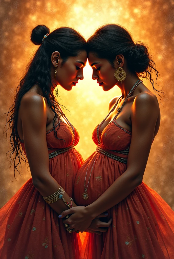 (masterpiece, best quality, the most important work), oil painting by Leonardo da Vinci and Alfons Maria Mucha, perfect anatomy, two gorgeous and stunning dark-skinned or pale-skinned young pregnant goddesses is deeply in love with each other, kiss, fantastic make-up, jewelry, romantic atmosphere, snow and moon, magnificent panorama view