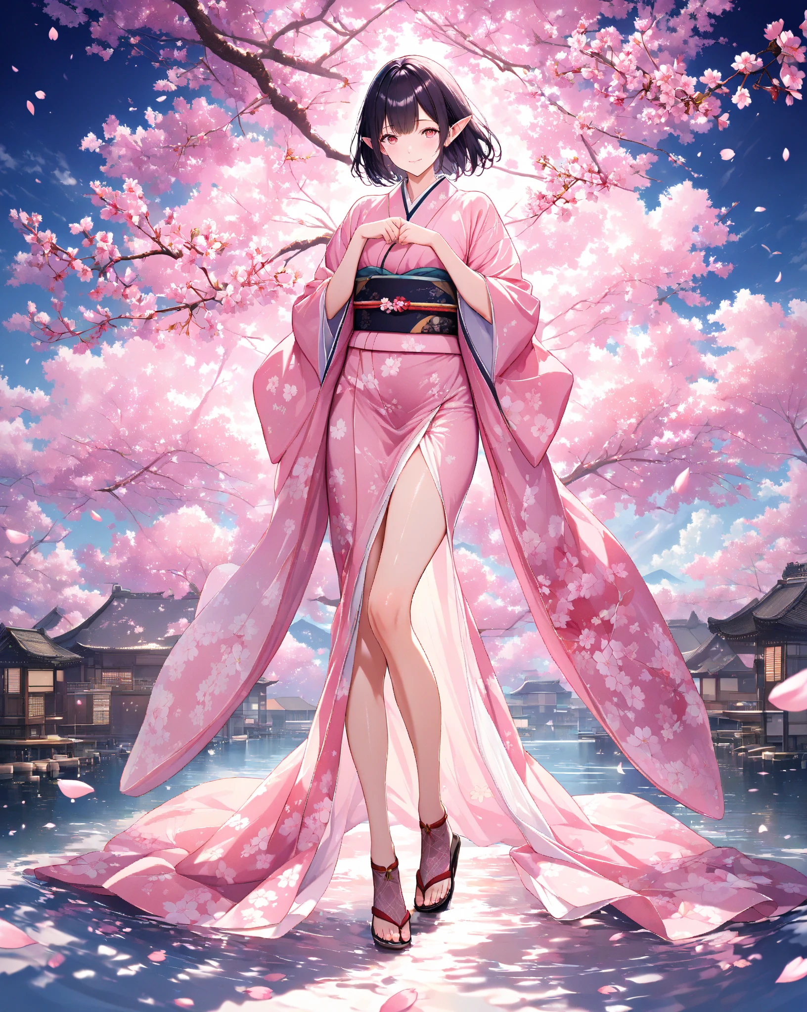 ((best quality, masterpiece, absurdres, super-resolution)) Papaya and red color, Pocketwatch,reaper, , Freeze Frame, full body, camisole, strap slip, Experience the beauty of cherry blossoms in full bloom at the Philosopher's Path in Kyoto, a serene walking trail lined with hundreds of sakura trees, creating a captivating sight