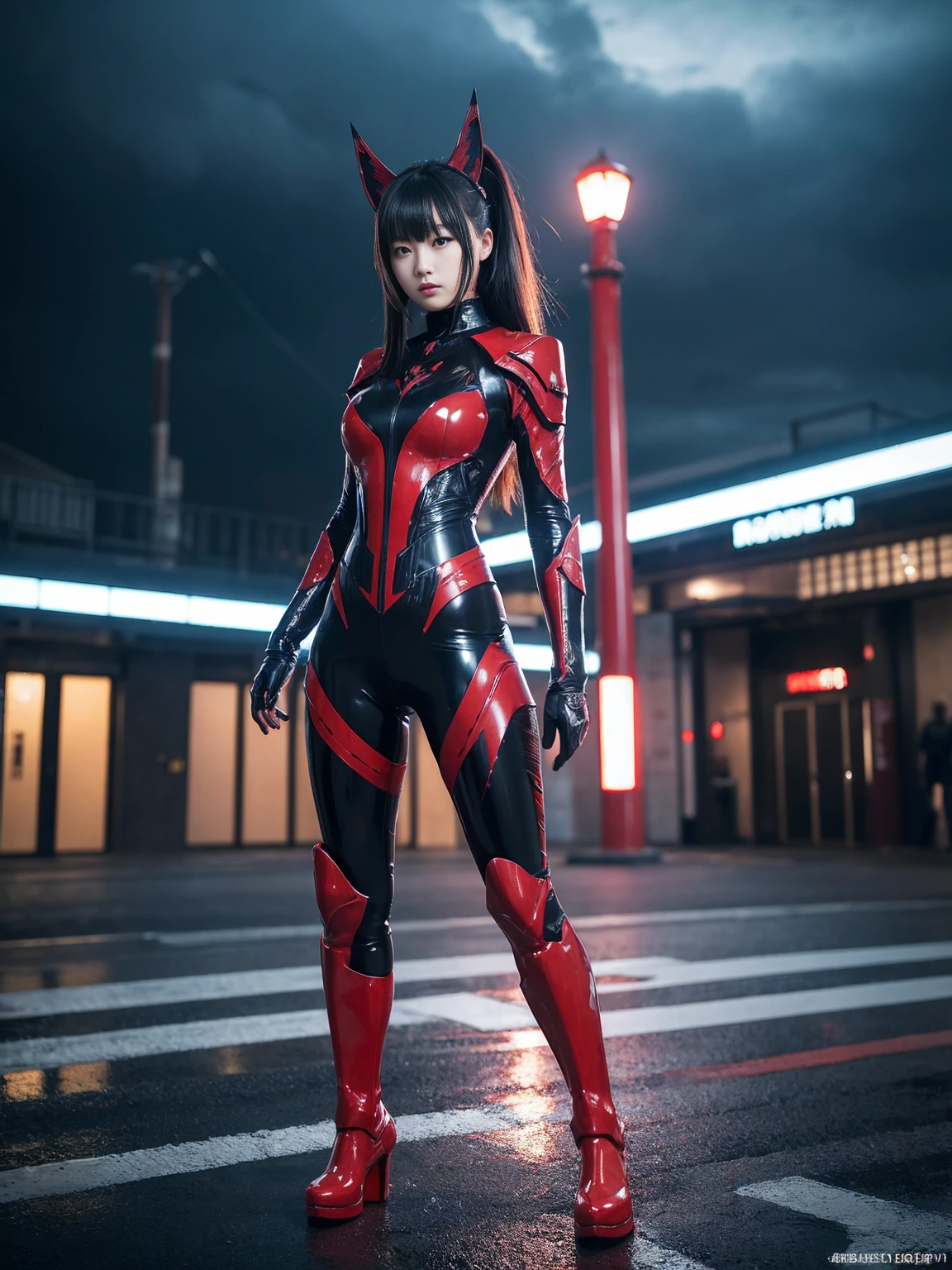 Highest quality, masterpiece, Realistic, photoRealistic, One girl, alone, View your viewers, whole body, Are standing, Long Hair, asuka Cosplay costume, Cosplay, Plug Suit, Bodysuits, hair ornaments, Detailed Background, On the street, night, Light, rain,