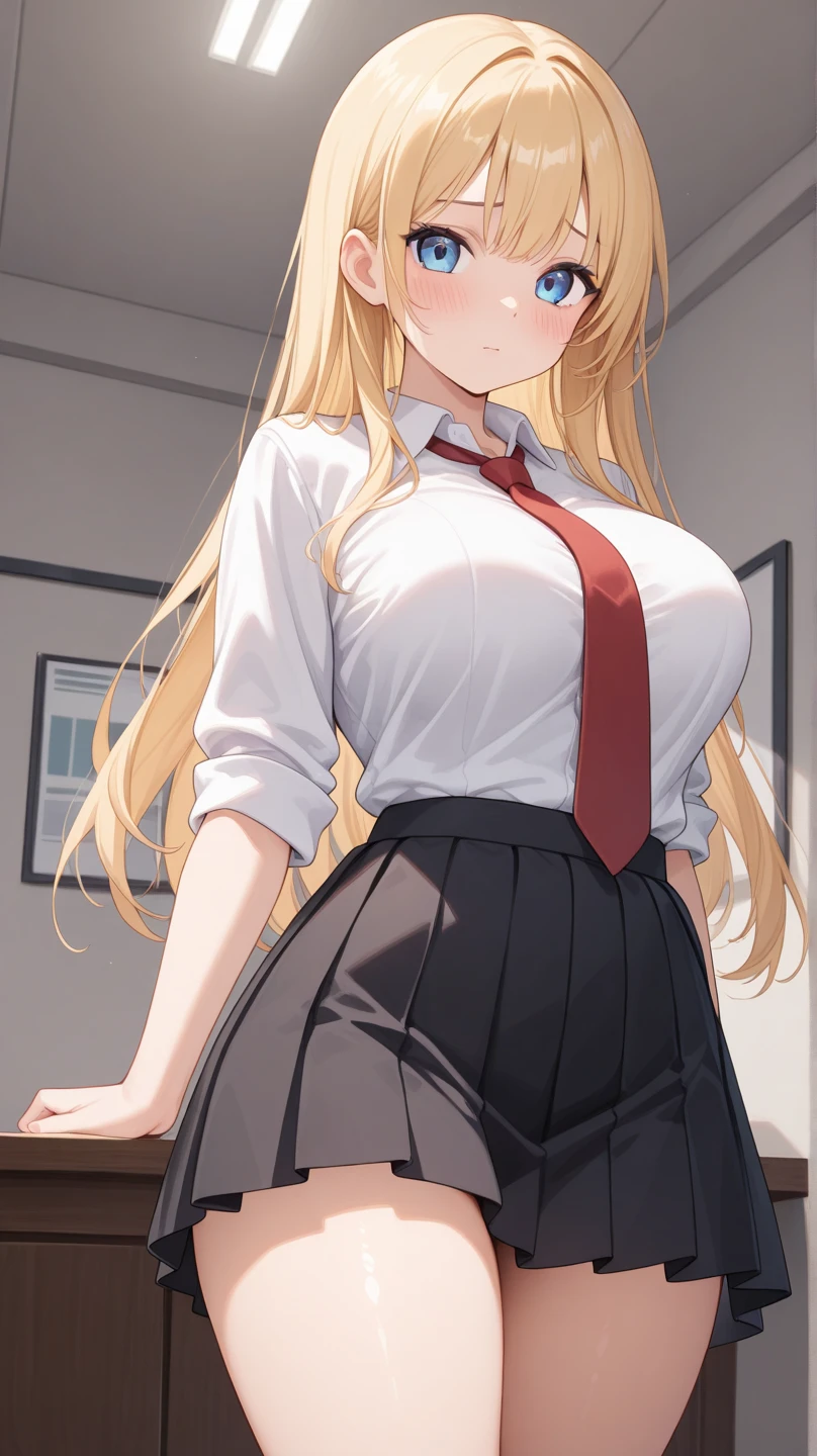 BREAK (masterpiece:1.2), best quality, high resolution, unity 8k wallpaper, (illustration:0.8), (beautiful detailed eyes:1.6), extremely detailed face, perfect lighting, extremely detailed CG, (perfect hands, perfect ???????),school,hallway,desks,windows,tables,teacher,long haired,ponytail,glasses,hair between eyes, big green eyes, white blouse,cleavege,neckline,unbutton blouse,nipples see through,skirt,brown skirt,long pencil skirt,pantyhose,sitting on table,spread legs,angry face,from below,camel toe.