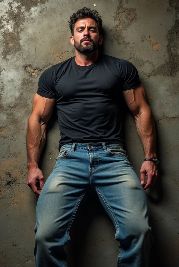 Thai man ,man，He is about 30 years old..，Rough and handsome appearance，large breastsj，Big waistline，buzz cut, angry, sullen, best quality, Masterpiece，（Have muscles：4.5），(best quality,high resolution,Masterpiece:1.2),The eyes are natural and delicate..,1 person,alone,gay asian,muscle,Long legs,brave,short hair details,conjunctivitis ,strong,brown eyes, (road background stone wall:1.5)，in the market，sit (Blue T-shirt:1.5) ,Jeans ,smile