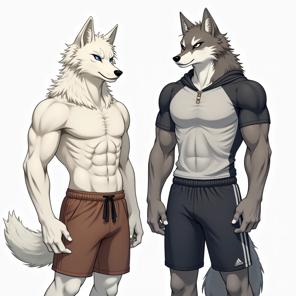 Slim yet well built male anthro wolf with snow white and grey bushy fur and grey hair and a left blue eye and right golden eye . Shirtless but wearing shorts. Serious facial expression 