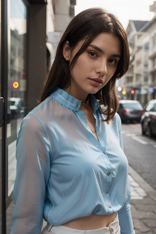 ((la mejor calidad, 8K, obra maestra:1.3)), afilado:1.2, figura perfecta mujer hermosa:1.4, abdominales delgados:1.2, ((Estilo de pelo en capas, enorme teta:1.3,escote:1.2)), (Una camisa larga con botones blancos transparentes mojados.:1.1),(La lluvia,la calle:1.2),mojarse:1.5,Textura facial y de piel muy detallada.,Un ojo detallado, Look askance at the camera