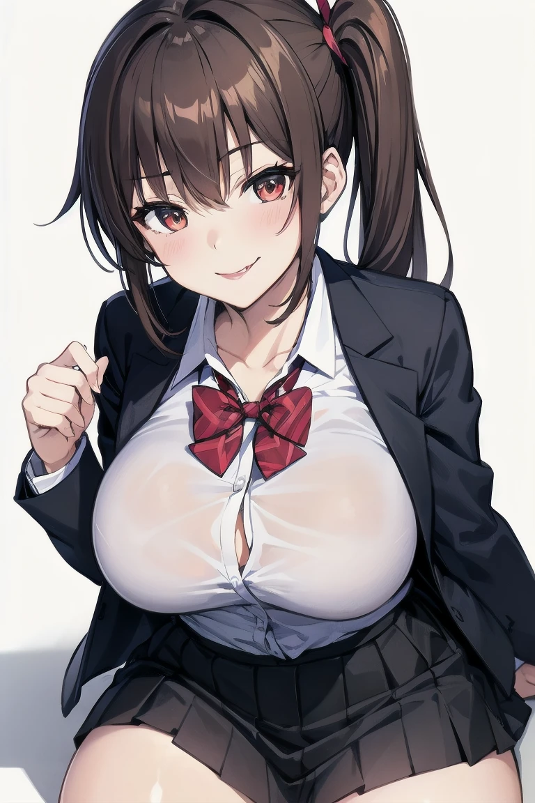 Highest quality, masterpiece, High resolution, alone, {Ryujo_Fleet Collection:1.15}, brown_hair, Twin tails, brown_eye, mag de ama, visor_cap, His posts, length_hair, smile,blush, One person, Japanese_Clothes, Red Jacket Scroll, shikigami, skirt, Grin, pleed_skirt,(Huge breasts:1.4)、Clothesが透ける