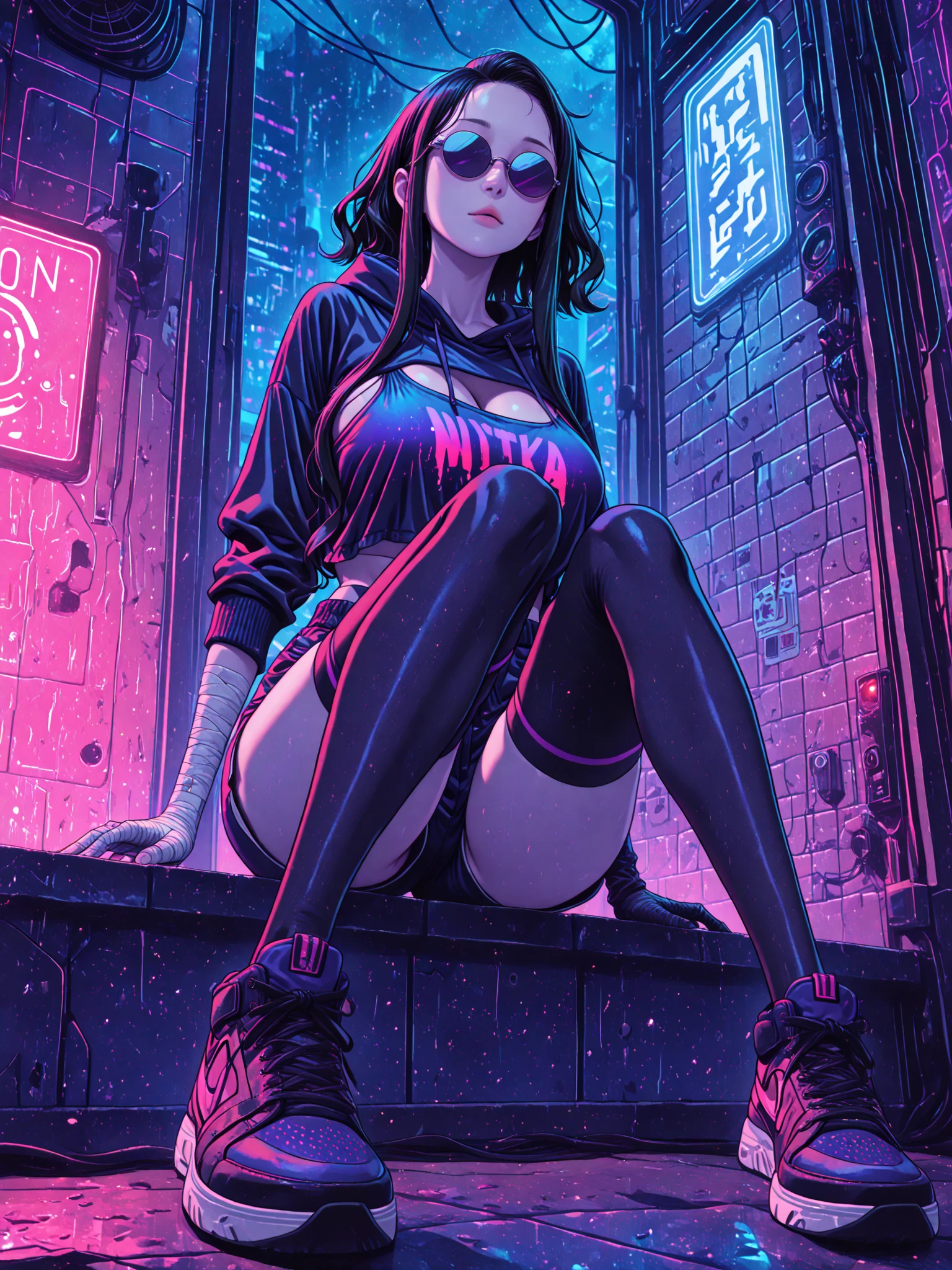 uma pintura digital da spider gwen utilizando touca e mascara, References to classic comic book malvel, spider verse, outfit Long Hair, arte cyberpunk de Josan Gonzalez, vencedora do concurso behance, afrofuturismo, synthwave, neon, neon brilhante,coxas grossas, cintura fina, sensual, nsfw, pouca roupa, arte erotica, anime, roupas rasgada de batalha, extremamente sexualizada, corpo suado, NSFW, seios grandes, bunda grande, HD, 8k, Alta qualidade, detalhes, corpo perfeito, destaque o corpo, detalhe no rosto perfeito, Detail in the background