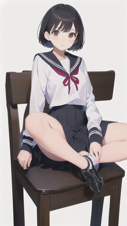 ( High definition, high quality , Perfect Anatomy),(1 Female, Black hair, medium length hairstyle, Gradient brown eyes, black eyeliner, thin lips),( High school girl uniform, pleated mini skirt),( Sit down and spread legs)
