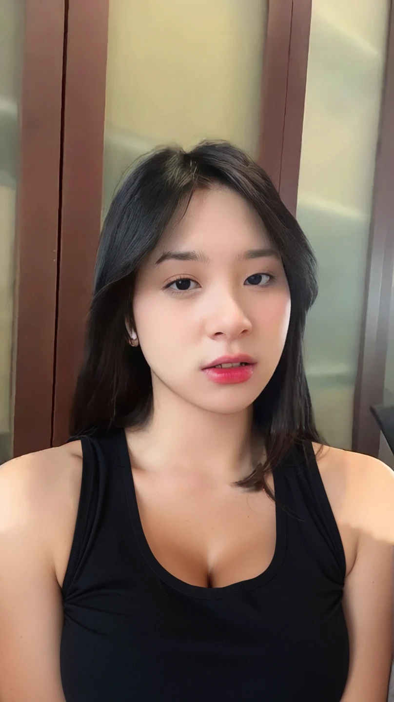 full shot, a mature Japanese woman, serious, curvy body, round face, (look up at the camera on ceiling), plum lips, wet brown hair, (no make-up), pretty relaxed, ((lying completely down on her back)), in a king-size bed and pillow, (just before going to sleep, (wearing pale red pajama with the chest buttons undone), room with indirect lighting, at midnight, high quality, portrait, photogenic, realistic, 8K,