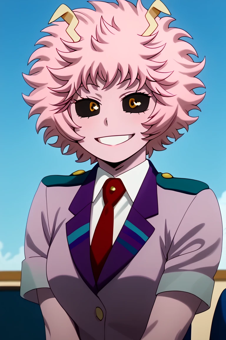 ((mina ashido)), ((masterpiece)), ((high resolution)), ((solo portrait)), {(attractive figure), (toned body), (beautiful legs), (pink skin), (yellow horns), (pink hair), (yellow eyes), (black sclera), (long eyelashes), (excited smile)}, {(looking at viewer)}, (School Uniform), 