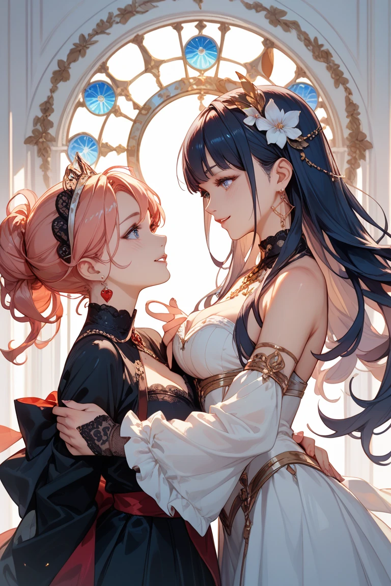 (Many big of women equal to two),Gorgeous young princess,clavicle,Prominent and smooth underbreast area,Breath-out,Show the chest,(evening dress),Gemstones,Intricate details,Beautifully,Lace,Charm,Detailed modern living room background,endure,(blush),