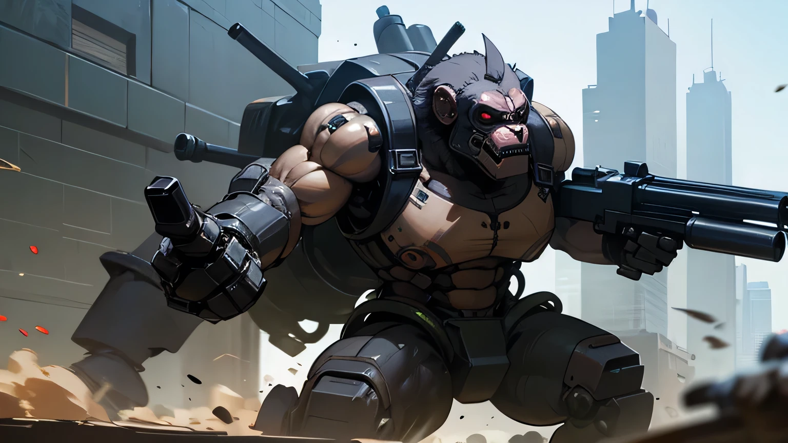 Mechanical gorilla equipped/armed with cannon and guns on mission in cyber city full time war season 