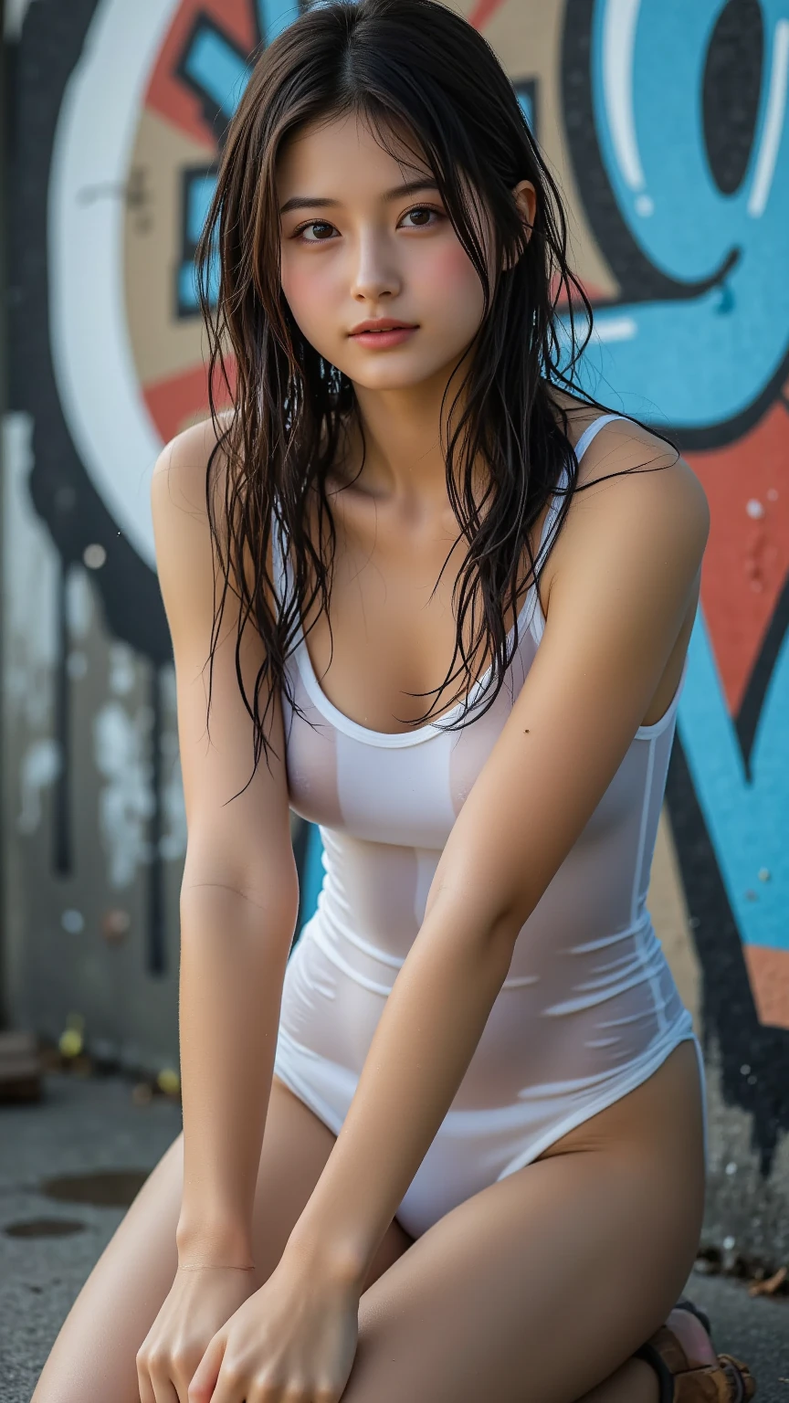 long hair、With bangs、((White tiny micro bikini))、sweaty、wet skin、((wet swimsuit:1.1))、Inside an abandoned building、basement、desolation、trash on the floor, ,perfect lighting), focus only,big ass、 Front view,