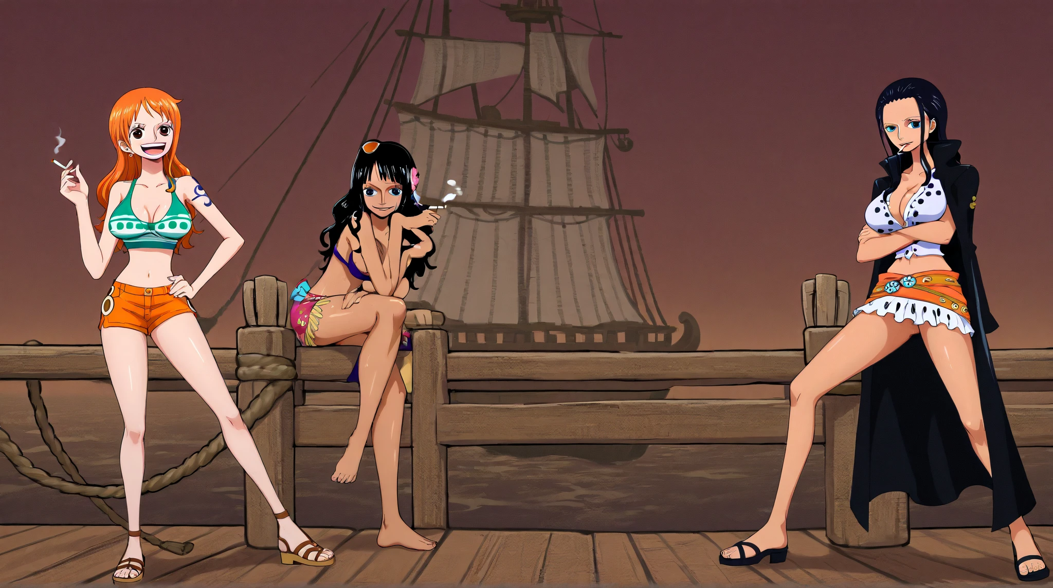 masterpiece, best quality, risky, purple skin, pirate hat, choker, wrist cuffs, hoop earrings, bustier, belt, purple pants, high heels, sitting, looking at viewer, smiling, cliff, ocean, sky