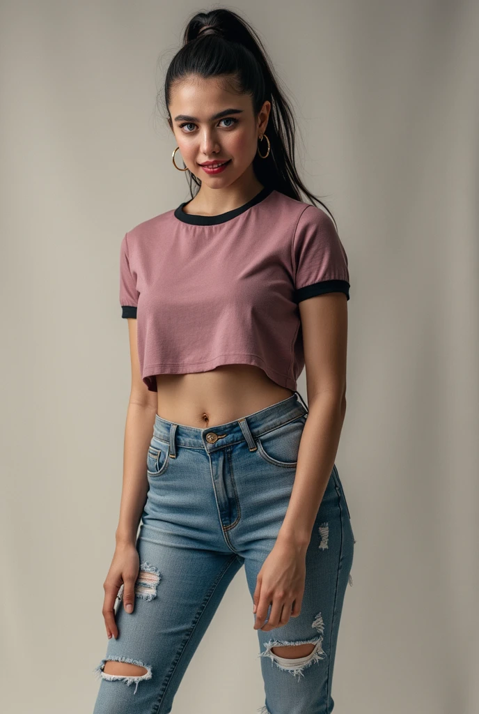 arafed woman in a pink blouse and denim shorts posing for a picture, pink blouse, pink clothes, with torn t-shirt, Waist slender, tight shirt, Waist slender, top cut, Waist slender e quadris grossos, exposed belly, thin girl model photo, wearing tight shirt, jeans and t shirt, wearing top cut